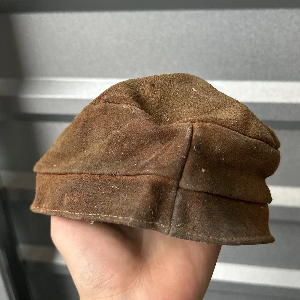 Vintage 1940s Harley Davidson Leather Motorcycle Cap Brown Biker Hat Eagle Patch